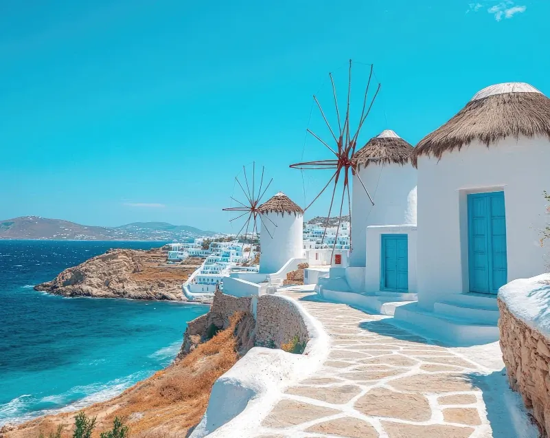 Whitewashed windmills above the sea on Mykonos, Greece